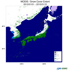 日本列島周辺の陸上の積雪・海上の雪氷分布(2013年1月1日〜15日)
