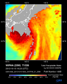 GCOM-W1/AMSR2で観測した水蒸気量(可降水量)分布