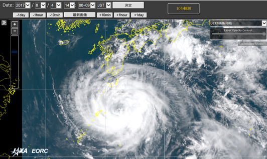 「ひまわり8号」による、平成29年8月4日14時00-09分(日本時間)の台風5号のRGB合成画像。