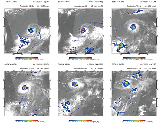 「しずく」搭載AMSR2による台風5号の降雨分布。ひまわり8号の雲画像の上に重畳。上段左から、平成29年7月31日13:09、7月31日1:18、8月1日2:01、下段左から8月2日12:57、8月3日13:42、8月4日1:47(日本時間)に観測。