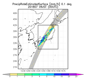 7月7日9時半頃(日本時間)にGPM二周波降水レーダが観測した地表付近の降水分布