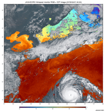 図2と同期間における、ひまわり8号が観測した可視画像と海面水温の時間変化