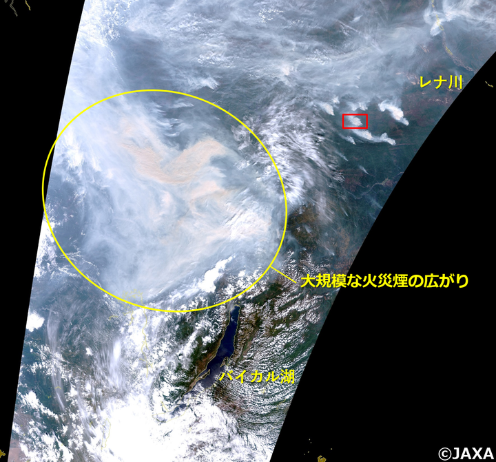 気候変動観測衛星「しきさい」によるロシア・バイカル湖周辺の2019年7月24日の可視光線画像(赤、緑、青に「しきさい」搭載多波長光学放射計(SGLI)のチャンネルVN8(673.5nm)、VN5(530nm)、VN3(443nm)を使用。人間の眼で見たのと同じ色合成)。