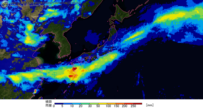2020年7月5日(日本時間)の衛星全球降水マップ(GSMaP)による日降水量の分布