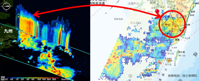 雨雲スキャンレーダ(二周波降水レーダ)が観測した2020年7月5日12時40分(日本時間)の梅雨前線に伴う降水帯の鉛直構造