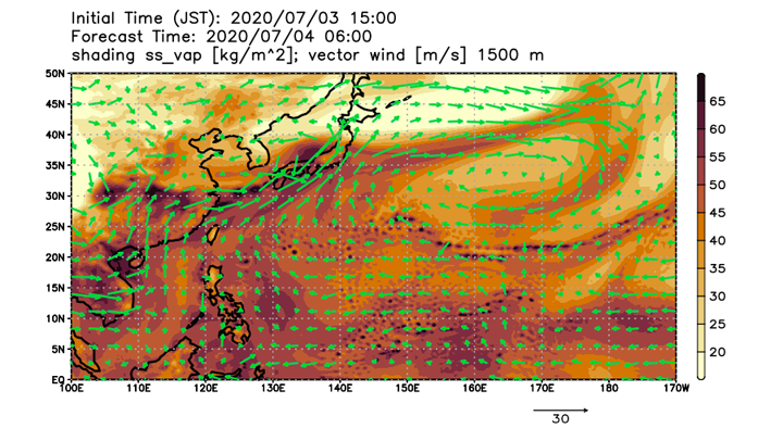 NEXRAでシミュレートされた7月4日6時（日本時間）の大気水蒸気量（鉛直積算量：kg/m<sup>2</sup>）と上空1500mにおける風の場（矢印：m/sec）。7月3日15時を初期時刻として計算。（図は東京大学大気海洋研究所 Ying-Wen Chen特任研究員作成）”><p></p>
<p class=