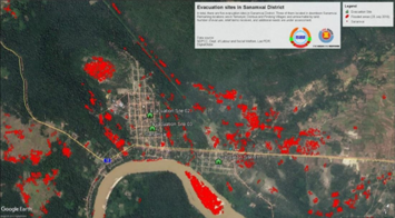 センチネルアジアから提供された浸水域地図をもとにASEAN防災人道支援センターが決定した避難場所設置先