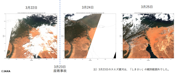 スエズ運河付近の「しきさい」観測によるエアロゾル(砂塵)の様子。3月24日はエアロゾル(砂塵)が多い様子が観測された。