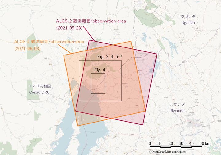 「だいち2号」の2021年5月28日の観測範囲とニーラゴンゴ山の位置